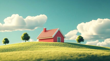 Red House in Rural Landscape with Green Hills and Fluffy Clouds Under Blue Sky - Vibrant and Whimsical Art Illustrating a Peaceful Countryside Setting