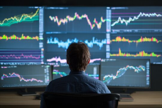 A person sits before multiple computer screens, deeply focused on analyzing intricate stock market graphs at a financial office, during daytime Generative AI