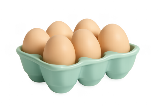 Half dozen brown eggs in ceramic holder