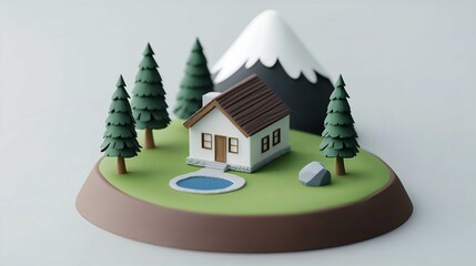 3D Model of a Quaint Cottage in a Serene Mountain Nature Scene with Trees and Vibrant Colors Featuring a Tranquil Pond and Artistic Rendering