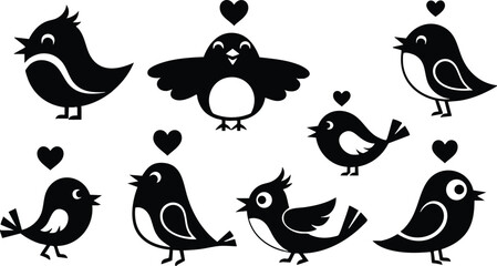 Naklejka premium Cute cartoon birds with heart shapes above in black silhouette style vector illustration for love and affection design 