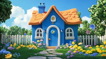Charming Cartoon Cottage With Blue House and Vibrant Flowers in Whimsical Architecture Scene