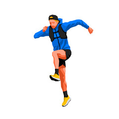 Illustration of an athletic trail runner man in sportswear performing a high jump with energy and focus.
