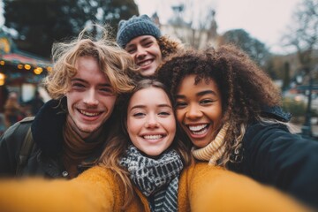 A group of four joyful friends huddle together, beaming and laughing as they snap a selfie at a festive Winter event on a chilly day Generative AI