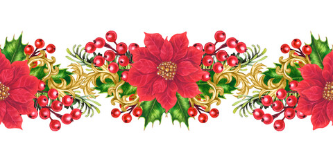 Red poinsettia. Seamless border with Christmas flowers, holly berries, vintage gold decor, isolated on a white background. Watercolor pattern for invitations, tablecloths, table runners, home decor