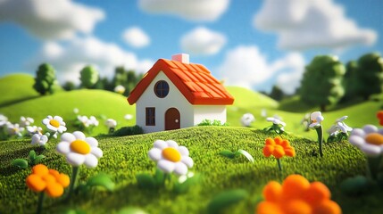 Whimsical Cartoon House in a Fantasy Fairy Tale Landscape: 3D Rendering of a Cheerful Springtime Cottage Surrounded by Flowers and Lush Green Hills Under a Sunny Blue Sky