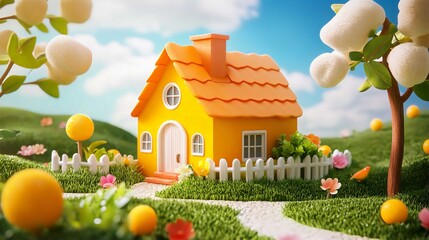 Miniature House in Whimsical Garden with Colorful Landscape and Cheerful Atmosphere