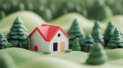 Miniature House In A Whimsical Forest Scene: A Journey Through Vibrant Green Hills And Rural Tranquility