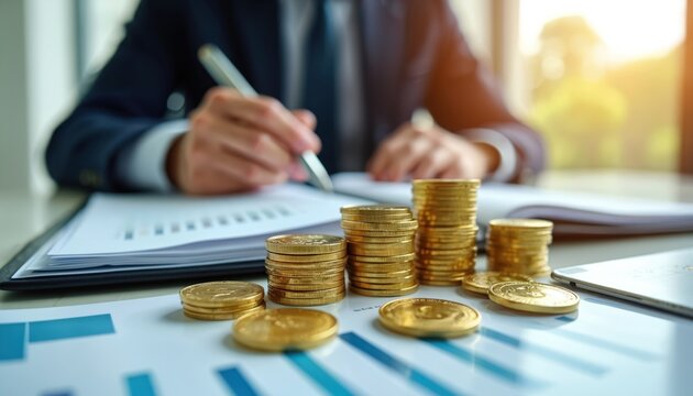 Financial advisor working. Coins stacks on the table. Documents and tablet are nearby. Person in suit makes financial report analyzing investment portfolio. Finance concept for business.