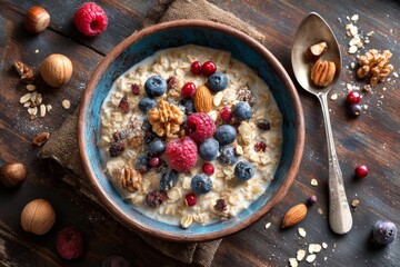 A vibrant bowl of oatmeal is speckled with fresh berries and crunchy nuts Generative AI