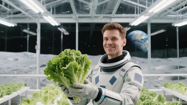 Space farmer studies lettuce, Male astronaut inspects crisp plants