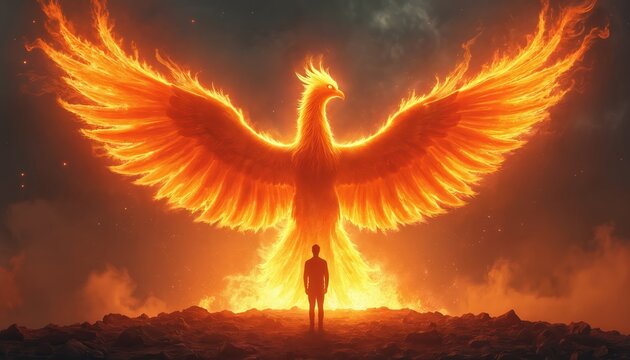 Phoenix rises from ashes. Person watching reborn bird. Concept of rebirth, transformation, hope. Rising after failure. Overcoming adversity. Man looking at mythical creature. Strength, freedom