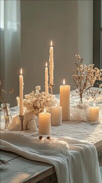 A beautifully arranged centerpiece for a winter wedding. Featuring white candles, floral branches, and possibly a snowball effect, this table decoration creates a romantic ambiance.