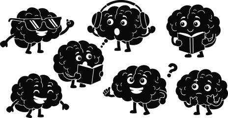 Cartoon brain characters showing various emotions and activities in black silhouette style vector illustration 