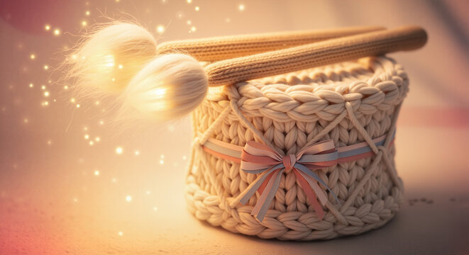 Decorative drum with mallets and ribbon on soft glowing background, Concept of Christmas and New Year - Holiday Decorations  