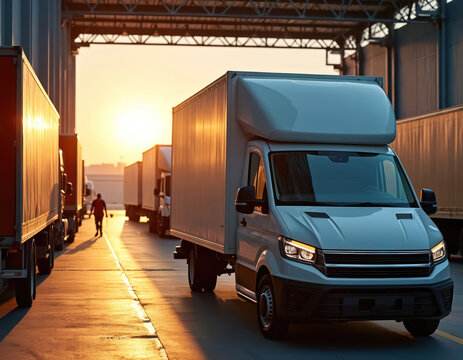 Trucks stand in line at depot for loading at sunset. Worker walks between commercial vehicles. Logistics operations at warehouse dock for freight cargo delivery and distribution on golden hour.