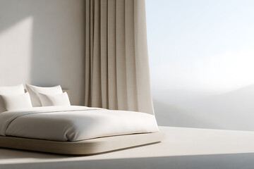 luxury bedroom design, modern interior design creates a calming morning vibe with white linen, beige tones, and soft, frosted window light in a luxurious bedroom