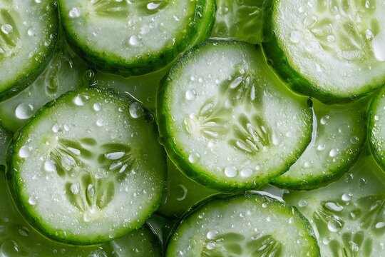 Close-up captures vibrant green cucumber slices covered in water droplets, showcasing freshness and hydration on a sunny day Generative AI