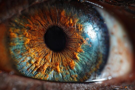 A macro view focuses on a human eye. The iris displays intricate textures and shifting tones of orange, blue, and brown Generative AI