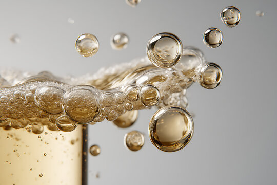 luxury champagne bubbles, close-up of champagne bubbles moving in a glass, luxurious backdrop with golden reflections, cinematic beauty