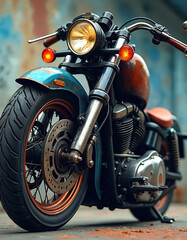 Fototapeta premium Retro motorcycle with weathered blue and orange paint. Close-up on front wheel, engine, and headlight. Detailed view of chrome parts, worn, and rusty elements.