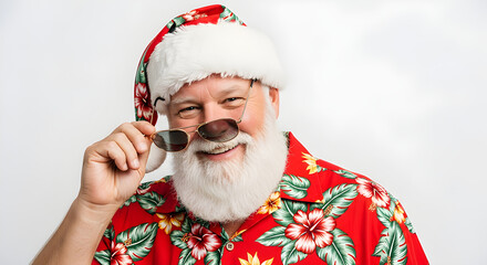 Tropical Santa Claus in floral shirt smiling on white — summer Christmas concept perfect for ads in warm regions.