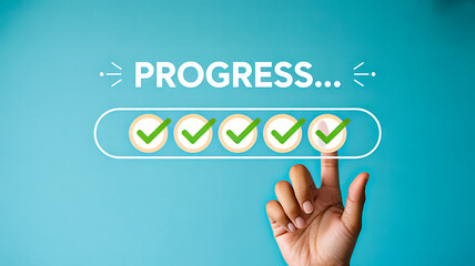 Progress bar with six circular steps and hand pointing to next task symbolizing project completion, goal tracking and productivity workflow