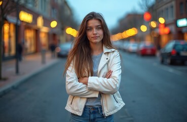 Fototapeta premium Teenage girl with long brown hair stands on city street at sunset. She wears white leather jacket, blue jeans and gray t-shirt. Girl crosses her arms, looks confident. City lights blur in background.