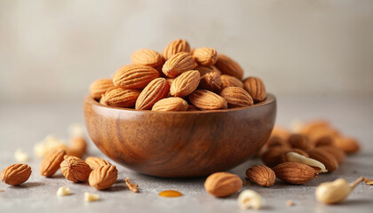 Heap of whole almonds in wooden bowl, loose nuts scattered on grey surface. Healthy organic snack, natural food ingredient close up, light background.