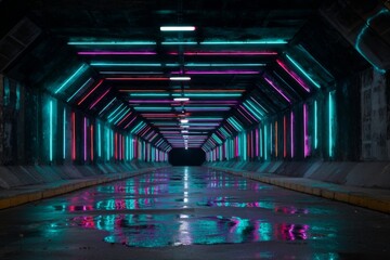 Inside a low-lit passage, brilliant neon lights reflect on the wet ground, creating a dazzling spectacle of color and shapes within the tunnel Generative AI