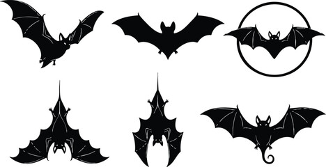 Bat silhouettes vector collection with various wing poses and flying positions for Halloween and spooky design elements 