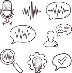 Obraz premium Conceptual Doodle Art Illustration of Podcast and Audio Production Related Elements on White Background Ideal for Digital Content Creation and Online Broadcasting Services Promotion