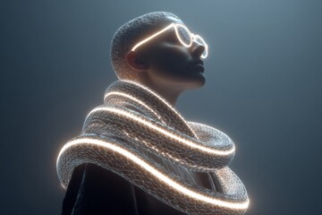 A person with glowing glasses is coiled by a glowing serpent Generative AI