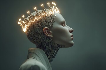 A futuristic humanoid figure with skin covered in circuits gazes upwards, adorned with a radiant, technological crown of lights and intricate designs Generative AI