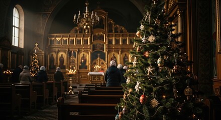 Orthodox Christmas Eve celebration, believers gathering inside beautiful church for solemn worship. Golden iconostasis gleams, festive evergreen adorned with ornaments, glowing candles illuminate.
