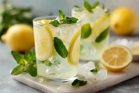 Two glasses of refreshing lemonade are garnished with lemon slices and fresh mint. Ice cubes keep the beverage cool on a Summer afternoon Generative AI