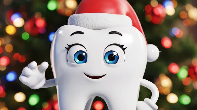 Happy Cartoon Tooth Character in Christmas Celebration