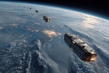 A line of cargo elevators is carrying goods. It is nighttime, with Earth's lights visible below, and they are flying above the clouds Generative AI