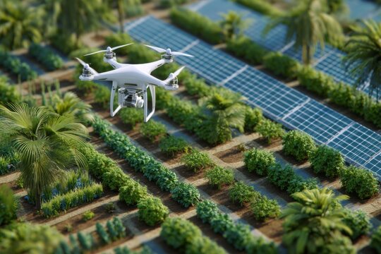 A white drone with a camera is flying over rows of green crops at Eco Farm, near palm trees and solar panels, observing the vegetation in daytime Generative AI