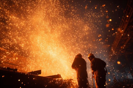 Two workers in safety gear stand before a dazzling shower of sparks in a steel plant, working hard in the intense heat of the industrial environment Generative AI - Powered by Adobe