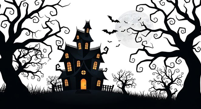 Spooky haunted house silhouette with bats and bare trees on halloween night