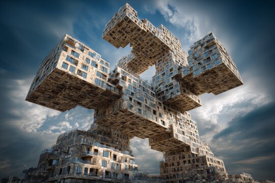 A surreal and gravity-defying structure with windows dominates the sky, resembling a floating architectural wonder against cloudy Heaven Generative AI