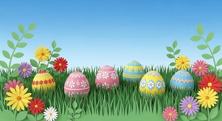 Colorful easter eggs nestled in green grass with blooming flowers and a bright blue sky