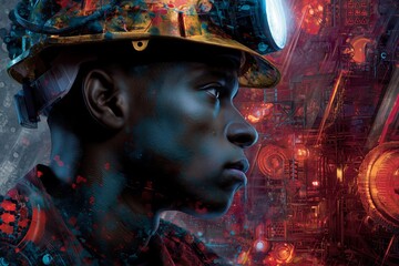 A determined miner, helmet-lit, gazes forward amid futuristic machinery and glowing circuits. The image conveys resilience, technology, and the grit of industrial labor.