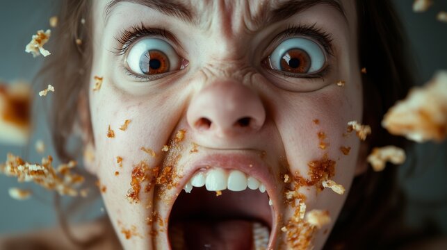 Close-up of a face with a frantic scream and crumbs of food. White adult woman, extreme macro, flying pieces, horizontal frame.