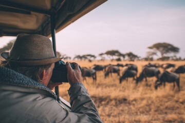 From a safari vehicle, an explorer photographs a herd of wildebeest grazing in the golden grasslands of Tanzania, Africa, during the day Generative AI