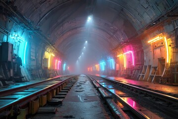 Inside the cargo tunnel, colorful neon lights the way. Railway tracks stretch into the distance, reflecting the tunnel lights in their wet surface Generative AI