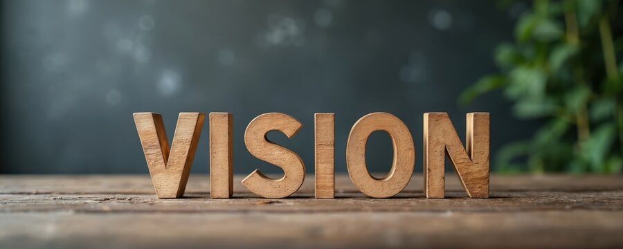 Wooden letters spell vision on a rustic table. Blurred background with plant provides depth. Sharpened focus on letters creates clear message. This object represents future.