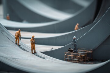 Workers in safety gear are putting together pieces of a massive wind turbine structure, preparing for renewable energy production Generative AI