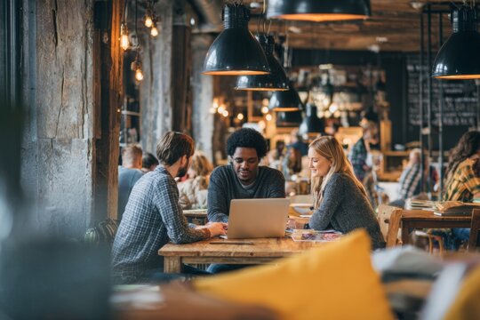 Three young adults are collaborating on a project using a laptop computer at a communal table inside a modern cafe with an industrial design Generative AI